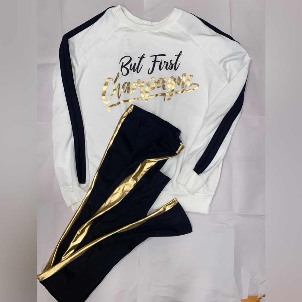 Hip Hop Dance Costume Sweatshirt Champagne White Gold Venus Black pants small